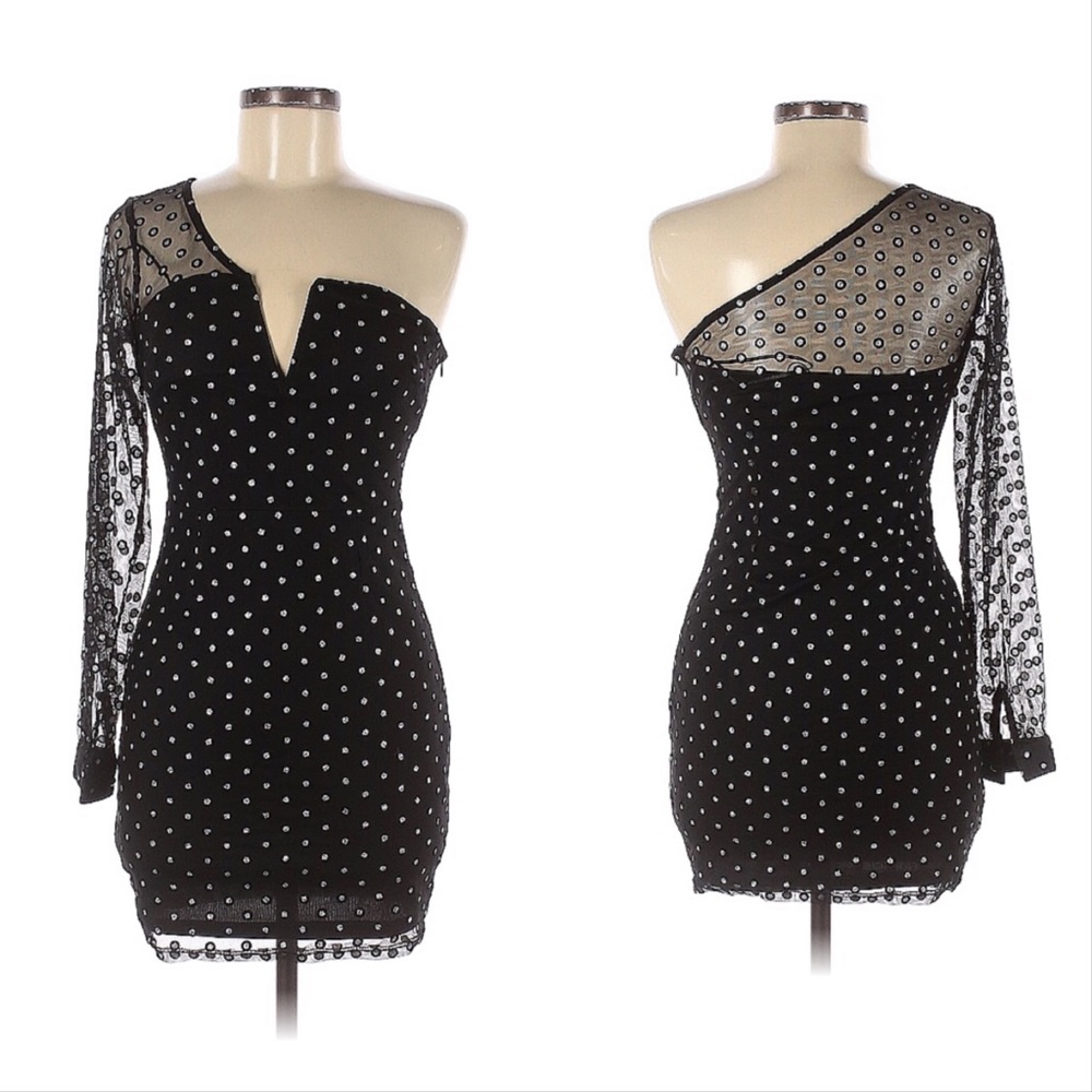 Boohoo Nights Polka Dot One Shoulder Cocktail Dress Silver Black 6